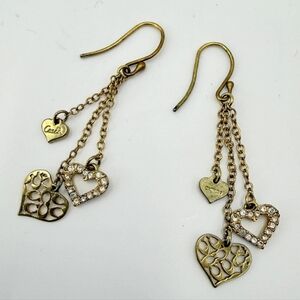 Coach Brass Vintage Gold Rare! Triple Heart Drop Earrings with Crystal Accents